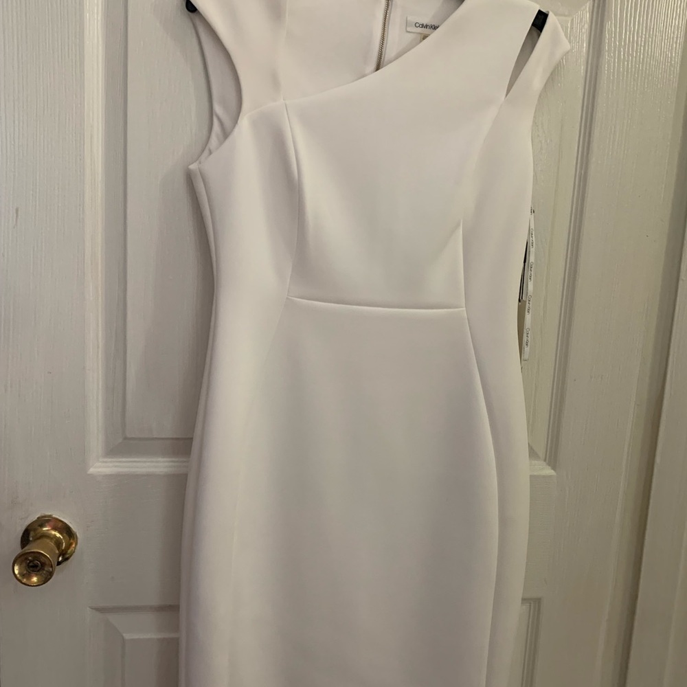 Calvin Klein One-Shoulder White Sheath Dress